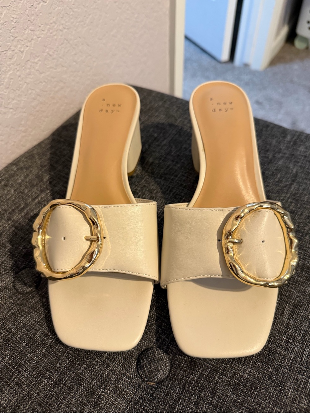 a new day Cream Slide Mules with Gold Buckle